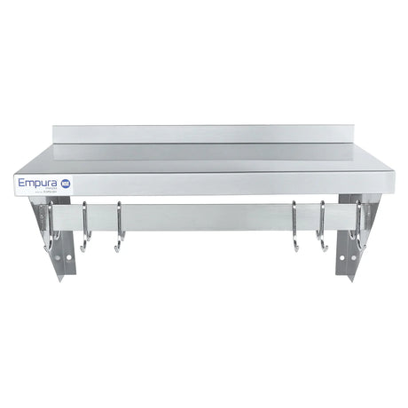 Empura Stainless E-WPS-1260 Pot Rack Wall-Mounted 60" X 12" Stainless Steel Wall Mounted Pot Rack With Shelf And 18 Gauge Galvanized Hooks