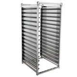 The Empura E-PR15 15-Pan Rack is a stainless steel commercial bakery rack with multiple horizontal slots for trays or pans, open on two sides. It features a rectangular frame and a shiny, industrial appearance against a white background.