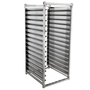 The Empura E-PR15 15-Pan Rack is a stainless steel commercial bakery rack with multiple horizontal slots for trays or pans, open on two sides. It features a rectangular frame and a shiny, industrial appearance against a white background.