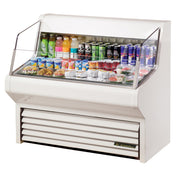Commercial refrigerated display case showcasing beverages in a True Refrigeration Horizontal Air Curtain