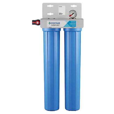 Dual blue water filter system with pressure gauge and mounting bracket for FX-22PE empty housing