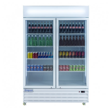 Double-door commercial beverage refrigerator featuring white swing glass door for drinks