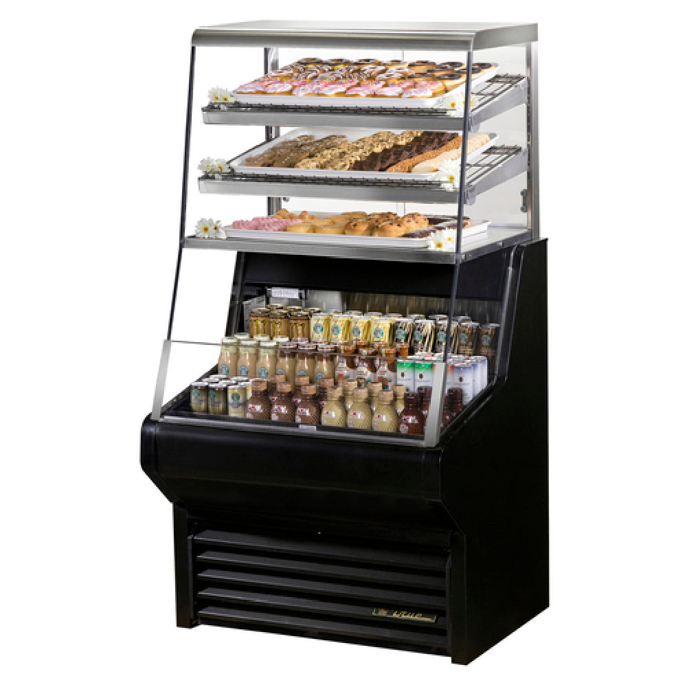 Commercial display case with heated shelves and refrigerated storage in True Refrigeration THAC-36DG-LD horizontal air curtain