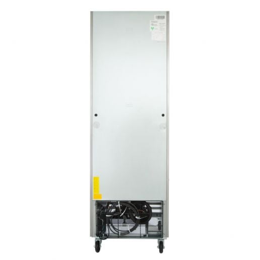 Full rear view of a one door commercial freezer with detailed wiring and compressor unit.