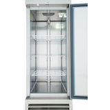 Open door view showing the spacious interior of a one door commercial freezer with shelves