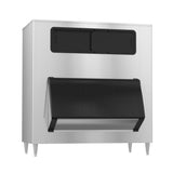 Stainless steel ice bin with black access door and view windows for optimal storage