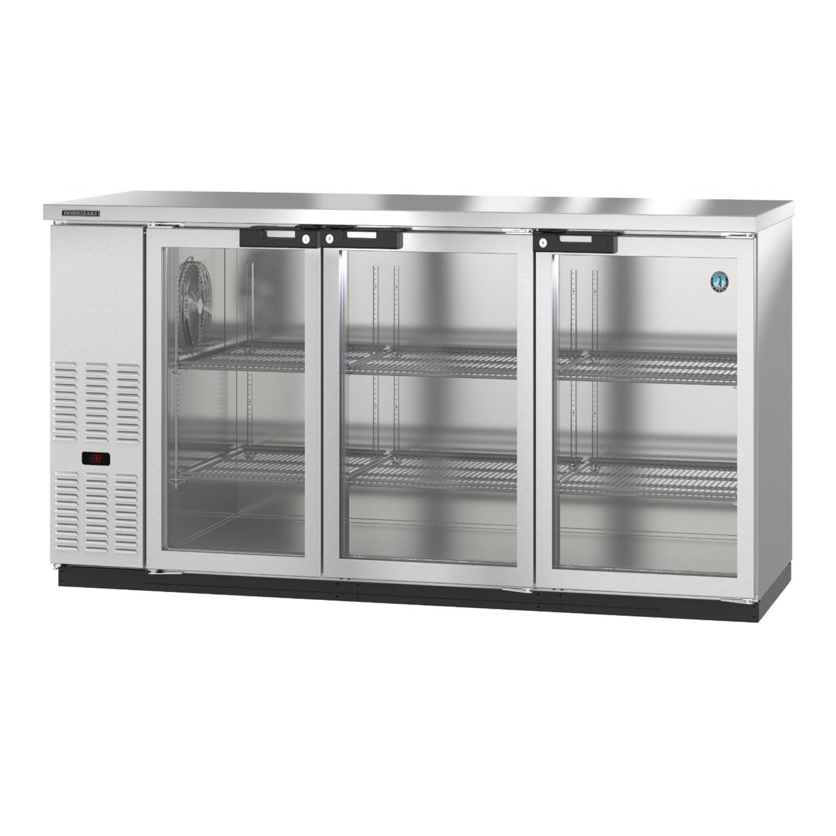 Stainless steel Hoshizaki bar cooler with three glass doors and wire shelving inside