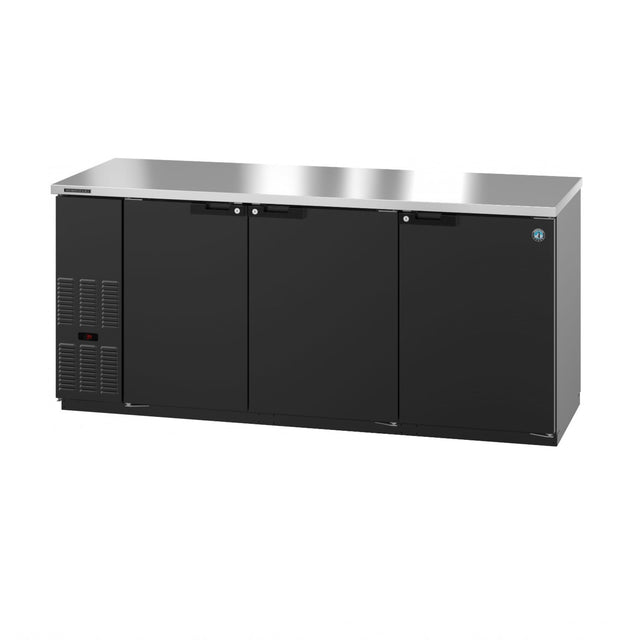 Black Hoshizaki BB80 Bar Cooler with stainless steel top and three doors for commercial use