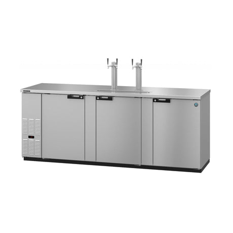 Stainless steel Hoshizaki DD95-S draft beer cooler with three doors and dual tap towers