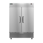 Stainless steel Hoshizaki Economy Series freezer with double doors and vertical handles