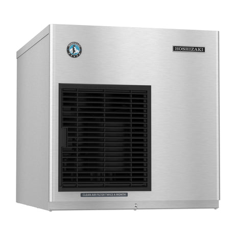 Stainless steel Hoshizaki F-450MAJ-C ice maker with black ventilation panel and cubelet style