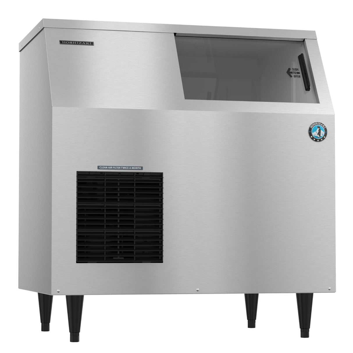 Stainless steel Hoshizaki F-500BAJ ice maker with black legs and front ventilation panel