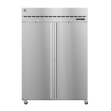 Stainless steel double-door commercial refrigerator on wheels from Steelheart Series Freezer