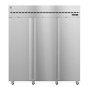 Stainless steel commercial refrigerator on wheels, part of Hoshizaki Steelheart Series Freezer