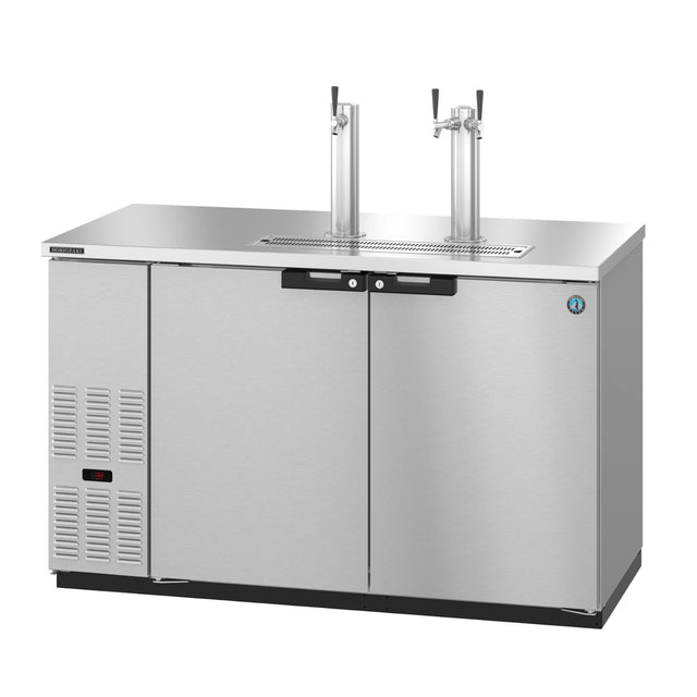 Stainless steel draft beer cooler featuring dual tap towers for efficient dispensing