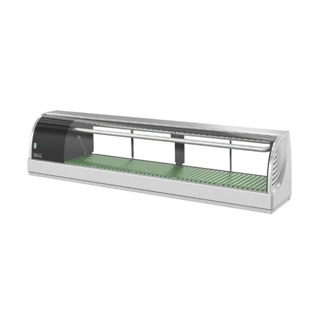 Curved glass refrigerated display sushi case Hoshizaki HNC-180BA-L-SLH with green mat base