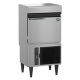 Stainless steel Hoshizaki IM-50BAA-LM ice maker with storage bin and black base legs