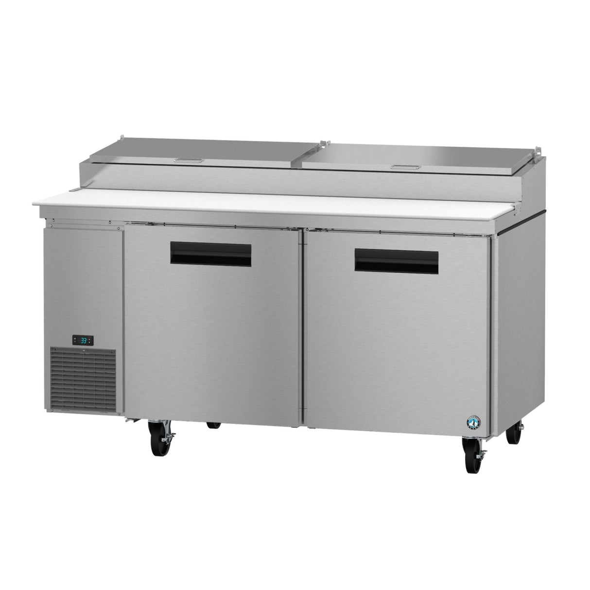 Stainless steel commercial pizza prep table with refrigerated storage from Steelheart Series Pizza