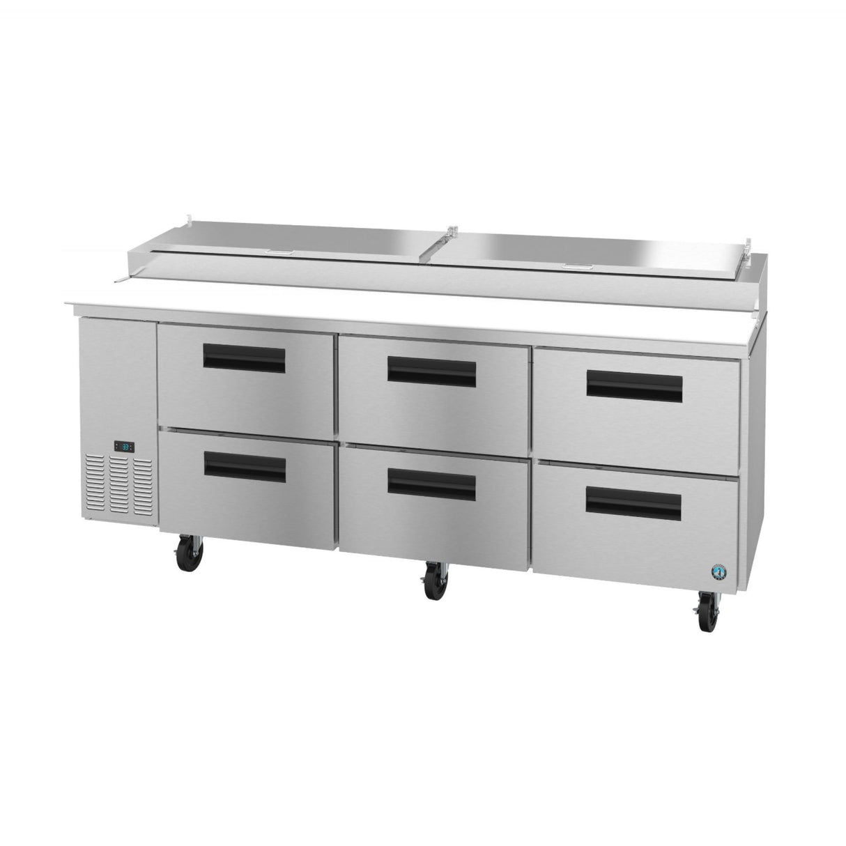 Stainless steel commercial refrigerated pizza prep table with six drawers and workspace