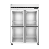 Commercial Hoshizaki Steelheart Series Refrigerator with four glass doors and wheels