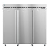 Stainless steel three-door Hoshizaki Steelheart Series refrigerator on wheels