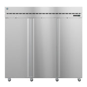 Stainless steel three-door Hoshizaki Steelheart Series refrigerator on wheels