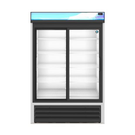 Commercial refrigerator with sliding glass doors and shelves, Hoshizaki RM-45-SD-HC refrigerated merchandiser