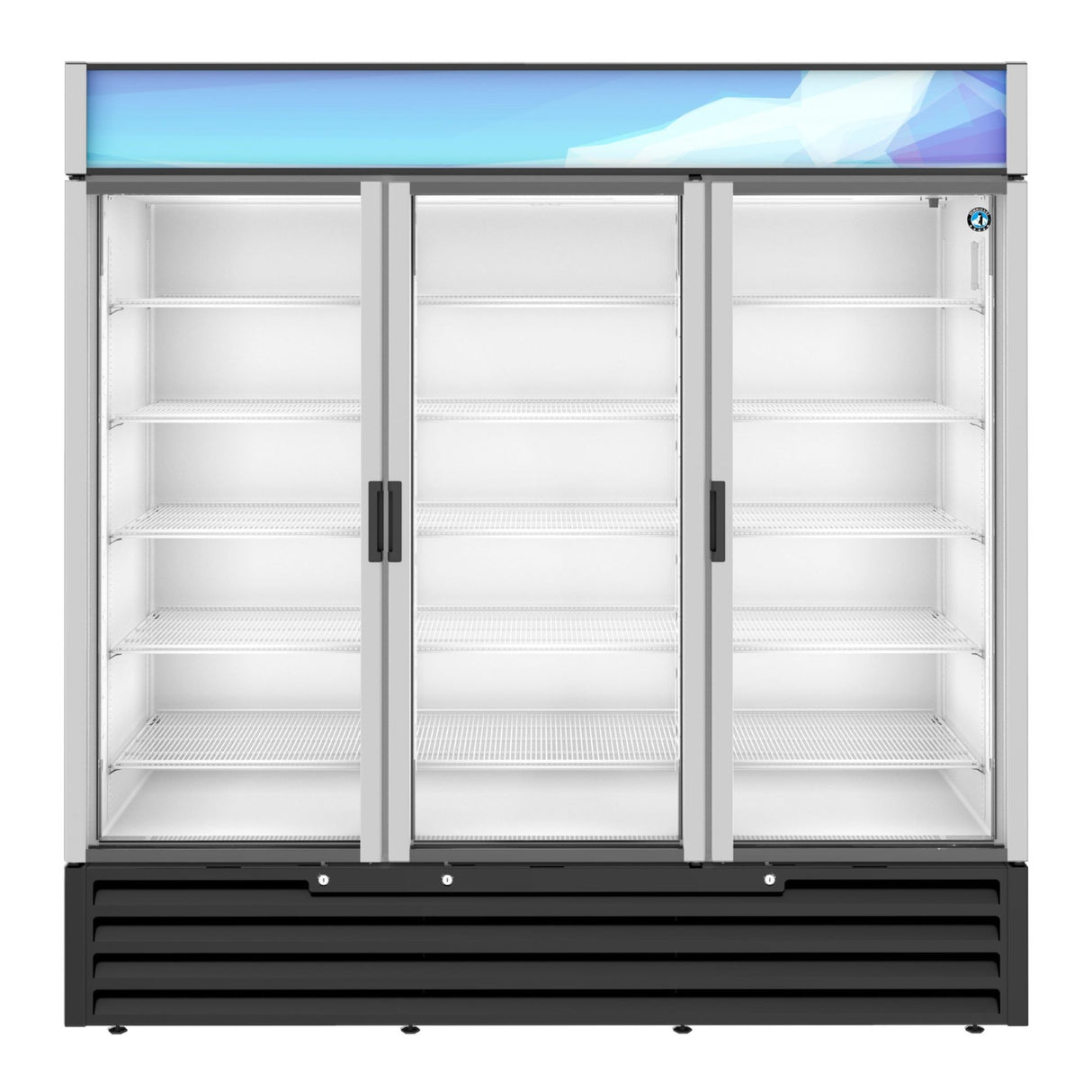 Three-door Hoshizaki RM-65-HC refrigerated merchandiser with glass doors and shelving