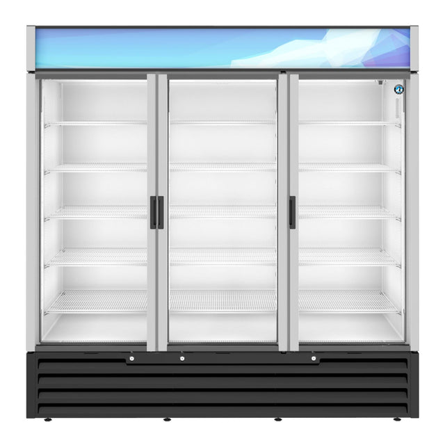 Three-door Hoshizaki RM-65-HC refrigerated merchandiser with glass doors and shelving