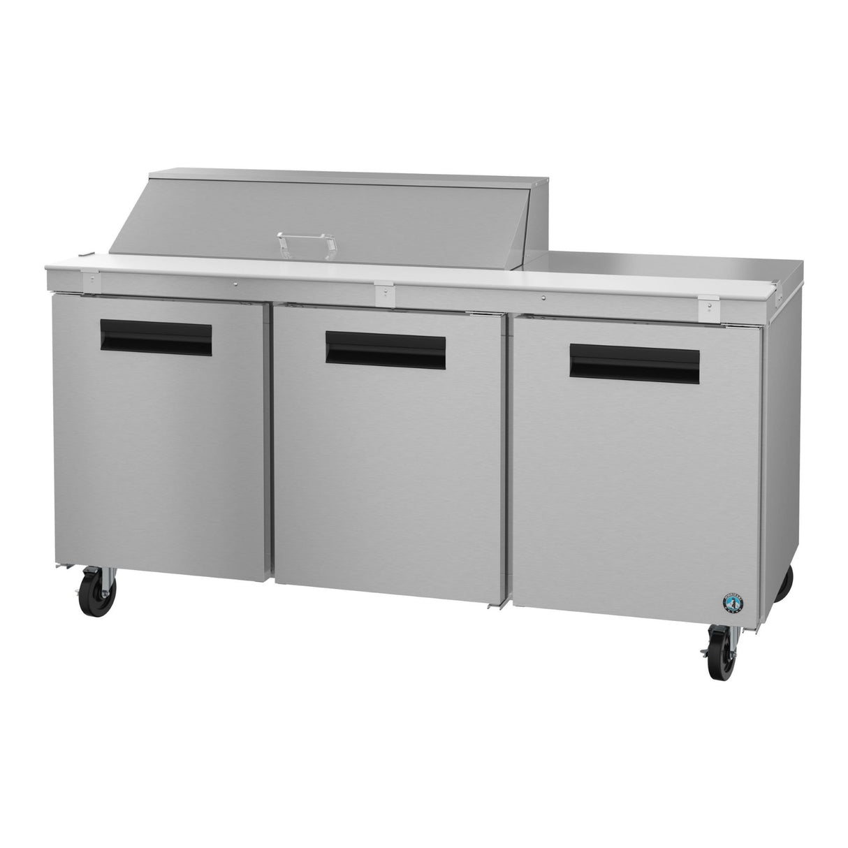 Stainless steel commercial refrigerated prep table with wheels from Steelheart Series Sandwich