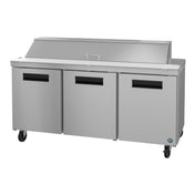 Stainless steel Hoshizaki Steelheart Series Sandwich Top Refrigerator with three doors on wheels