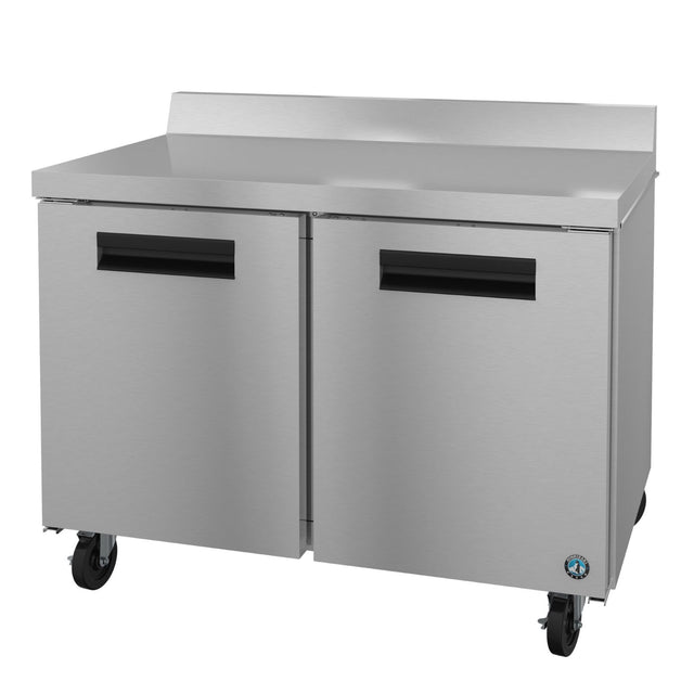 Stainless steel Hoshizaki Steelheart Series Worktop Refrigerator with solid hinged doors on wheels