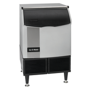 Commercial Ice-O-Matic ICEU220HA Cube Ice Maker with black top and silver body on metal legs