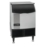 Commercial Ice-O-Matic ICEU226FA Cube Ice Maker with black top and silver body mounted on legs