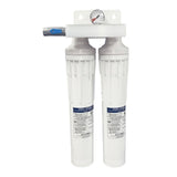 Dual-stage water filter manifold for ice makers producing up to 2400 lbs. per day