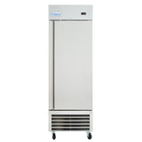 Front view of a one door commercial freezer with a modern stainless steel design for professional kitchens