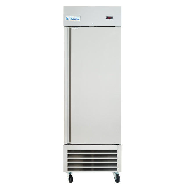 Front view of a one door commercial freezer with a modern stainless steel design for professional kitchens