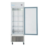 One door commercial freezer with open door showcasing interior shelves, ideal for restaurants and commercial kitchens