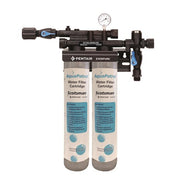 Dual-cartridge Pentair AquaPatrol water filtration system with pressure gauge and bracket