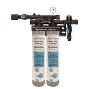 Dual-cartridge Pentair AquaPatrol water filtration system with pressure gauge and bracket