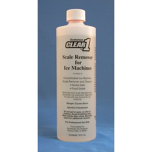 Scotsman CLEAR1 The Scotsman Clear1 Scale Remover/Cleaner Is A Liquid Descaler For All Scotsman Ice Machines. This Liquid Cleaner Is Food Grade And Is Safe To Use On Nickel Surfaces. The Concentrated Cleaner Dissolves And Removes Lime And Mineral Scale