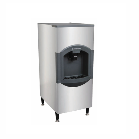 Commercial Scotsman HD22B-1 motel ice dispenser with silver exterior and dark dispensing area