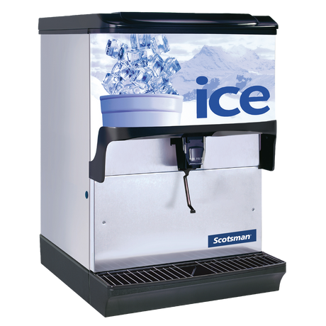 Commercial Scotsman Ice Dispenser with black and silver finish, counter model 150 lb storage capacity