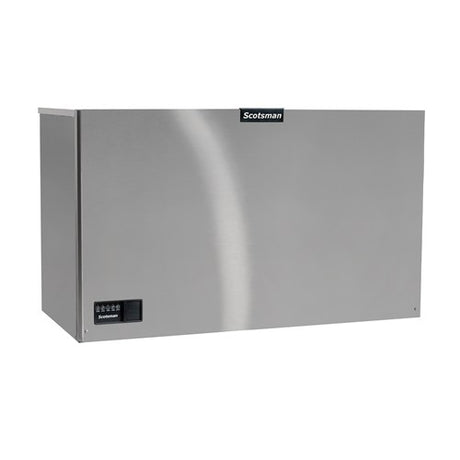 Stainless steel Scotsman ice maker unit mounted on a wall, featuring cube style design