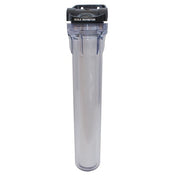 Clear cylindrical water filter housing with black cap for Scotsman SC20-A, 20 inch, 10 gallons per minute max flow