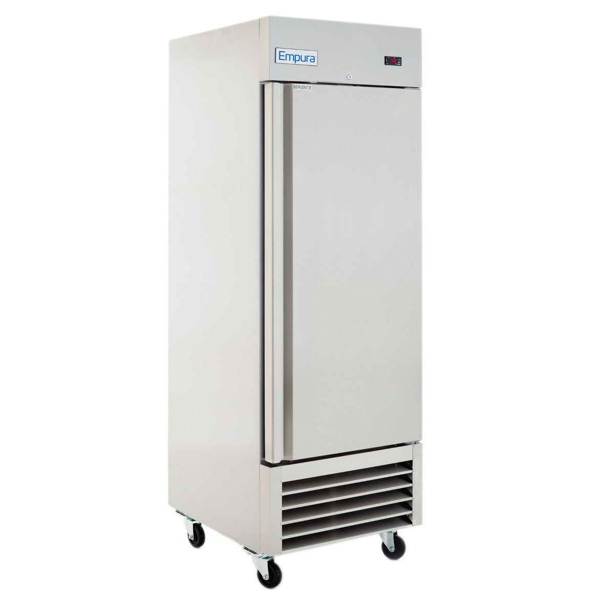 Single door commercial reach-in freezer with a sleek stainless steel side profile, perfect for professional use