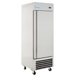 Single door commercial reach-in freezer with a sleek stainless steel side profile, perfect for professional use