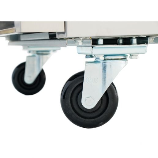 Durable casters on the bottom of a single door commercial freezer for easy mobility