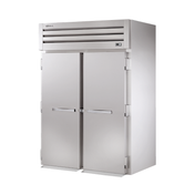 Stainless steel commercial two-door refrigerator with steel doors and top-mounted cooling unit