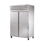 Stainless steel heated cabinet on wheels by True Refrigeration, featuring two solid doors